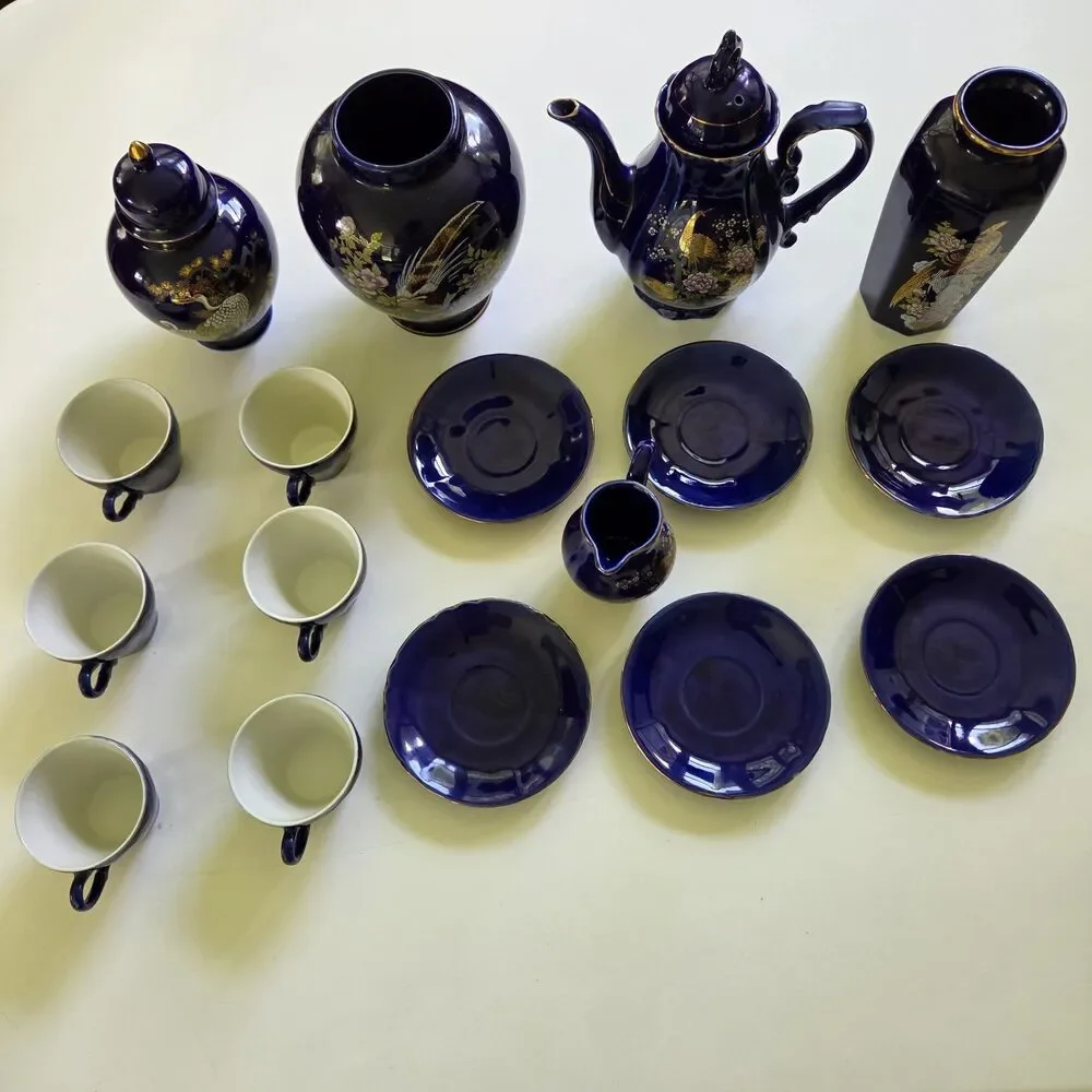 Vintage Hand Spray KT in Glaze Cobalt Blue Japanese 17 Pc. Tea Set 1960’s
